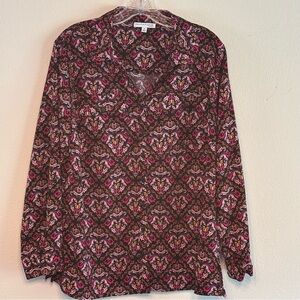 EUC Notations Women's Black and Pink Print Blouse Button Down SZ 1X Long Sleeve